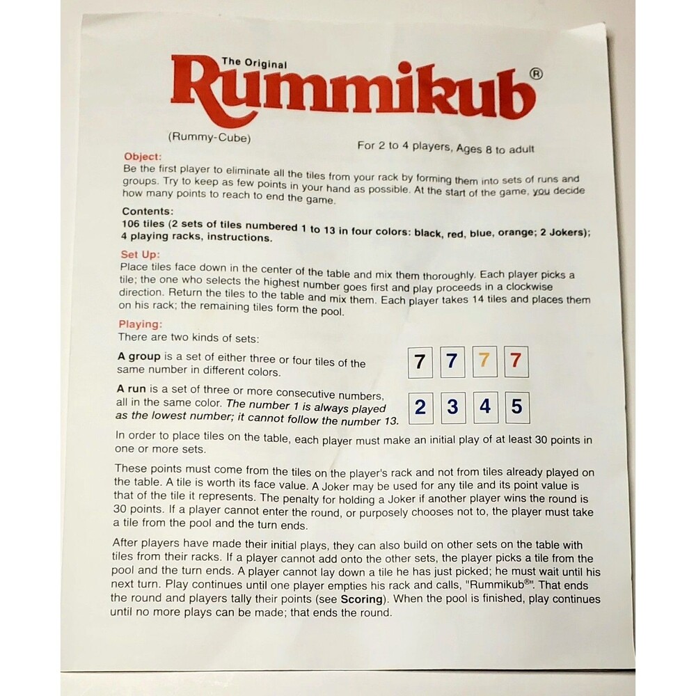Deluxe Edition Rummikub 1997 Instructions Only Original Rules Booklet